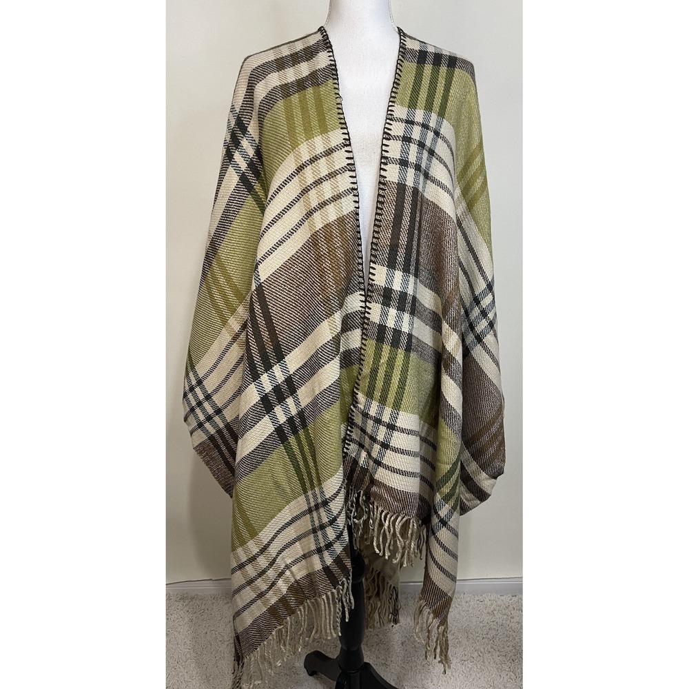 Avenue The Wrap Plus Sweater Brown Green Plaid Fringe Cape Shawl NWT
